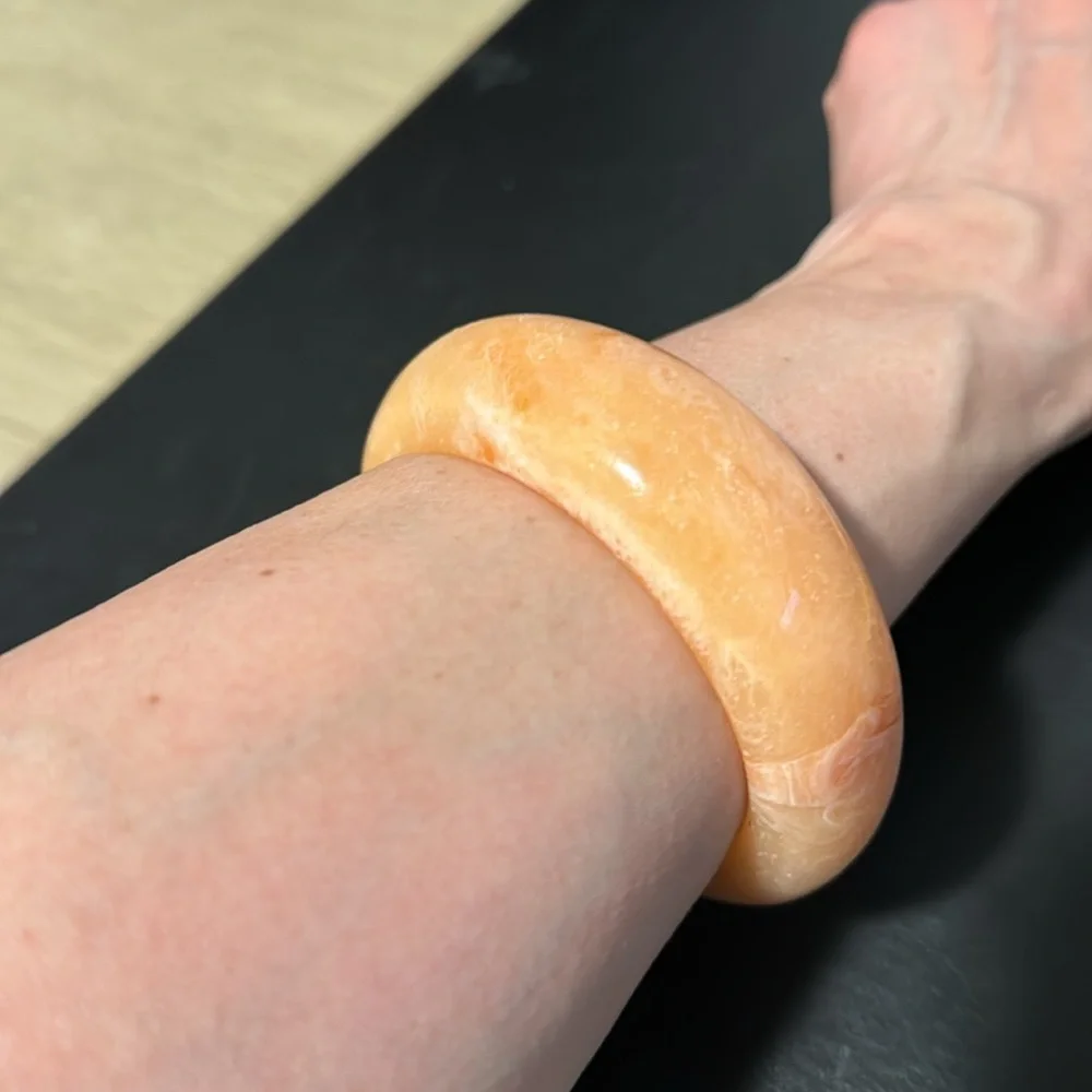 Vintage Plastic Bangle Bracelet, Peach, Marble, Asymmetrical, Retro, Boho